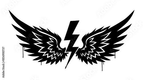 Powerful Black Wings with Lightning Bolt Symbol and Subtle Grunge Texture on an isolated white background.