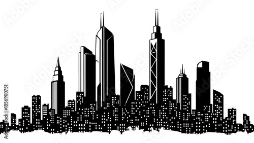 Black Silhouette of Modern City Skyline with Skyscrapers on an isolated white background.