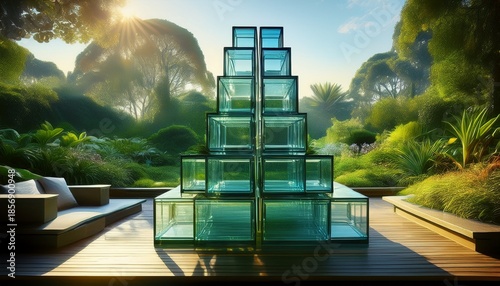 stacked glass boxes sculpture in a lush garden landscape
