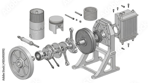 Stirling Engine Exploded Mechanical Assembly with Flywheel Crankshaft System
