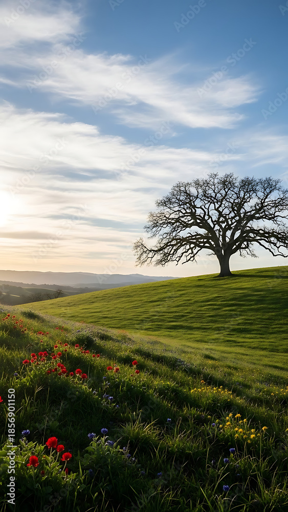 Fototapeta premium Bare Tree on Green Hill with Wildflowers at Sunset