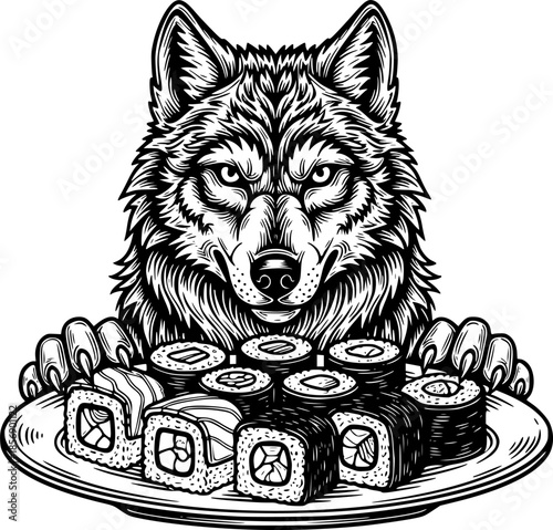 Engraved Wolf Guarding Sushi Rolls on a Plate, Illustration with
