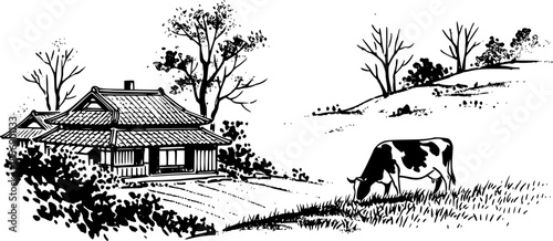Tranquil Sumi-e Illustration of Rural Life with House and Grazin
