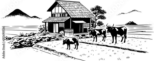 Tranquil Sumi-e Illustration of Rural Life with House and Grazin

