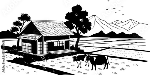 Tranquil Sumi-e Illustration of Rural Life with House and Grazin
