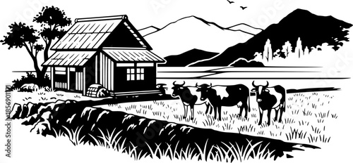 Tranquil Sumi-e Illustration of Rural Life with House and Grazin

