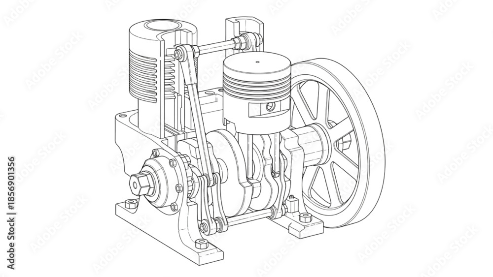 Obraz premium Stirling Engine Line Art Technical Drawing Showing Flywheel and Piston Assembly