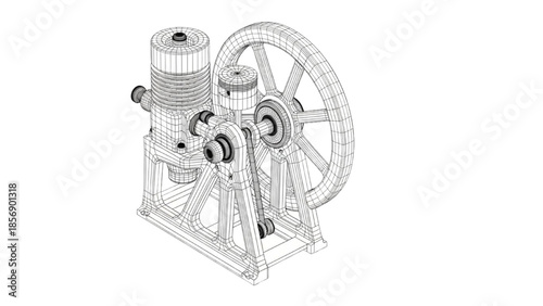 Stirling Engine Wireframe Engineering Visualization Assembly