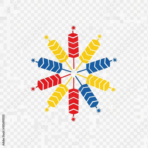 Circular arrangement of colorful firecrackers with starbursts.