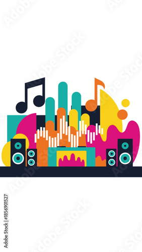 Speakers and abstract shapes represent a vibrant music and sound experience.