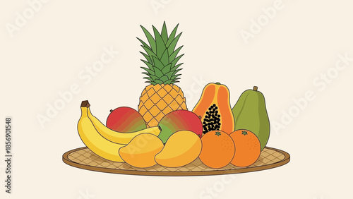 A woven platter holds a variety of colorful tropical fruits.