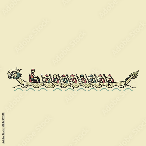 Dragon boat with rowers and a drummer on the water.