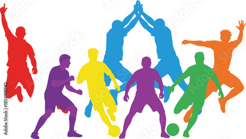 Colorful sports silhouettes, teamwork celebration, soccer action, athletic movement, dynamic poses, vibrant vector, fitness icons, youth activity, energetic lifestyle, exercise