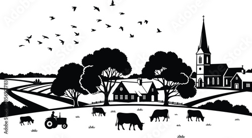 Countryside silhouettes, rural life scene, farming illustration, tractor driver, grazing cows, village houses, church steeple, nature vector, peaceful landscape, birds
