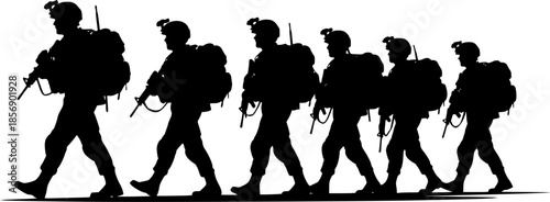 Silhouette of armed soldiers in tactical gear – military squad formation with helmets, rifles, and combat uniforms, isolated black vector illustration of special forces