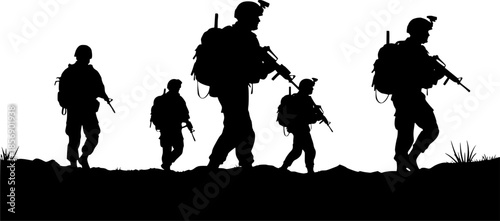 Silhouette of armed soldiers in tactical gear – military squad formation with helmets, rifles, and combat uniforms, isolated black vector illustration of special forces