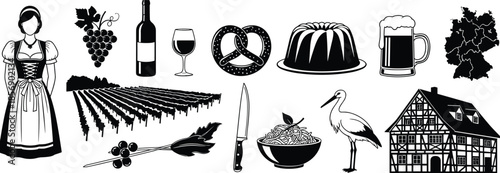 German culture silhouettes, traditional food, wine, beer mug, pretzel, Dirndl woman, architecture, map, heritage icons, black vector illustration
