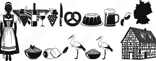 German culture silhouettes, traditional food, wine, beer mug, pretzel, sausage, Dirndl woman, architecture, hibiscus, map, vector icons, heritage