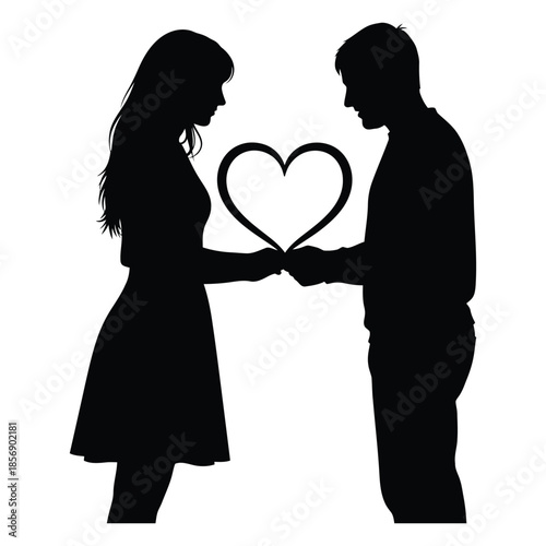Romantic couple silhouette holding heart symbol Valentine’s Day illustration