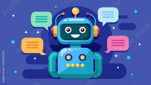 Friendly AI chatbot vector illustration with message bubbles, representing automated customer communication.

