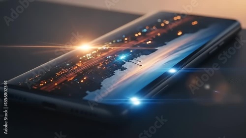 Sleek Smartphone Displaying a Vibrant Cityscape at Night.