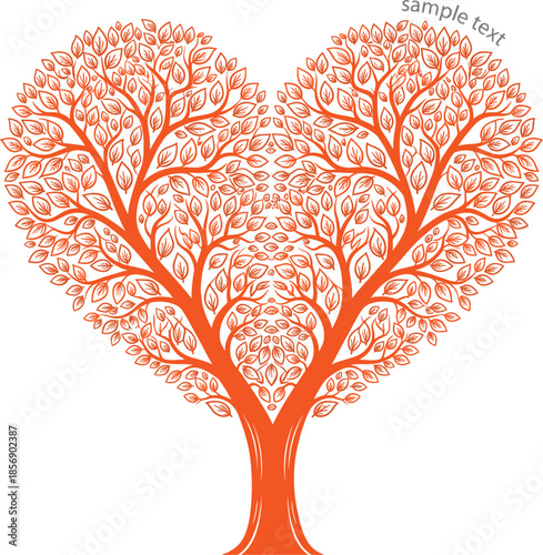 Vibrant orange heart shaped tree vector illustration with dense autumn leaves and symmetrical branches representing love nature growth and environmental care for romance designs.