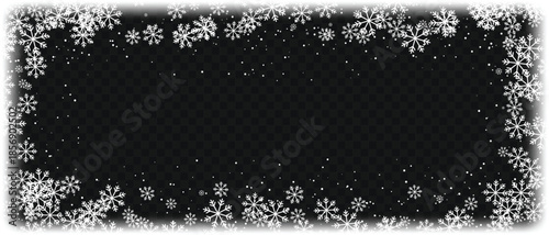 White snowflake border frame on transparent background, winter frost decoration with icy edge design, vector
