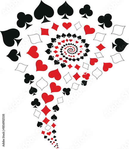 Playing card suits spiral, spades hearts clubs diamonds, vortex pattern, red black vector, casino design, abstract swirl, game symbols