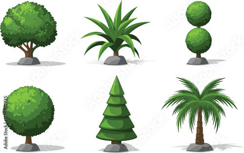 Collection of six garden trees and tropical plants including palm topiary and evergreen icons isolated on white background for landscaping and park designs.