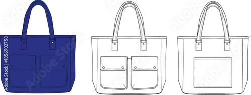 Tote bag design, front and back view, fashion illustration, pocket details, flap closure, stitching lines, vector, garment construction