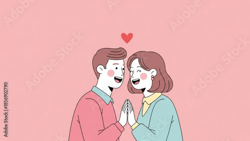 Cartoon couple in love, happy man and woman holding hands with heart above, pink background, romantic