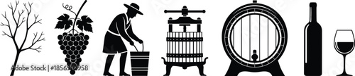 Winemaking, process, silhouette, grapevine, harvest, crush, press, barrel, bottle, glass, wine, black, white, vintage, sequence, fermentation, illustration, tradition, agriculture, production