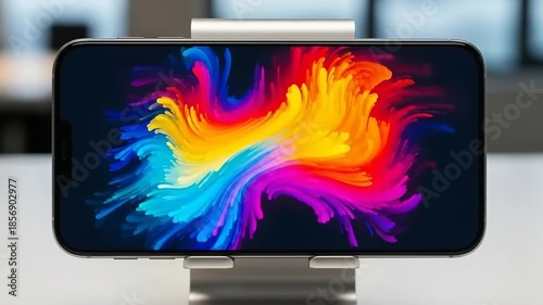 Smartphone Displaying Colorful Abstract Art on a Stand in Close Up.