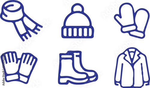 winter clothing bule line icons set vector illustration style fashion vector 