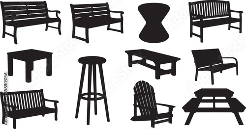 Collection of outdoor patio furniture and seating silhouettes in black