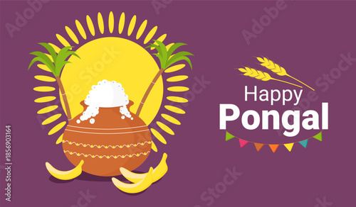 Happy Pongal banner. Poster with a pot of rice, sugarcane, sun, and bananas. Vector image.