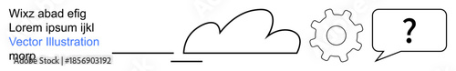 Cloud services, data processing, system integration, troubleshooting, cloud computing, communication solutions. Cloud outline, gear speech bubble with a question mark. Cloud services and data