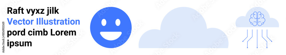 Fototapeta premium Cloud computing, artificial intelligence, data storage, emotions, digital communication, technology. happy face, cloud and brain interconnected by digital lines. Cloud computing and artificial