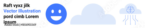 Cloud computing, artificial intelligence, data storage, emotions, digital communication, technology. happy face, cloud and brain interconnected by digital lines. Cloud computing and artificial
