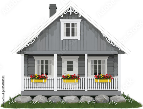 Charming grey wooden Scandinavian cottage vector with a white porch flower boxes and stone foundation isolated on a white background illustration.