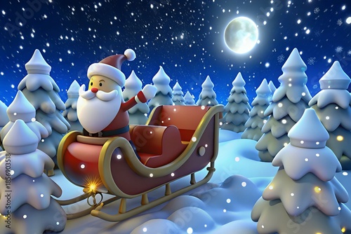 Santa Claus riding through snowy forest on red sleigh under full moon
