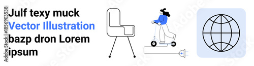 Sustainability, transportation, work-life balance, innovation, mobility, globalization. Woman riding an electric scooter and globe with chair icon. Sustainability and transportation modern lifestyles