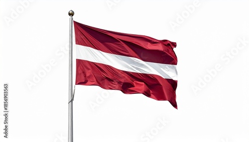 Latvian national flag waving on flagpole with deep red top and bottom bands and narrow white middle stripe.