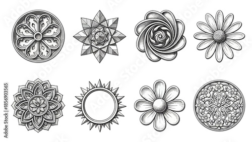 A collection of various flower and sun illustrations in black and white, presented in a grid layout on a plain white background.