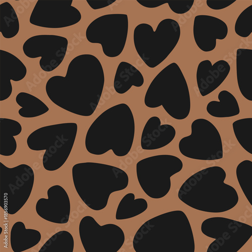 Black hearts on brown background seamless pattern. Vector illustration. Abstract heart-shaped leopard print.
