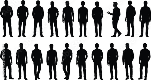 Collection of male standing silhouettes showing various poses isolated on white background for business, fashion, people concept design stock usage