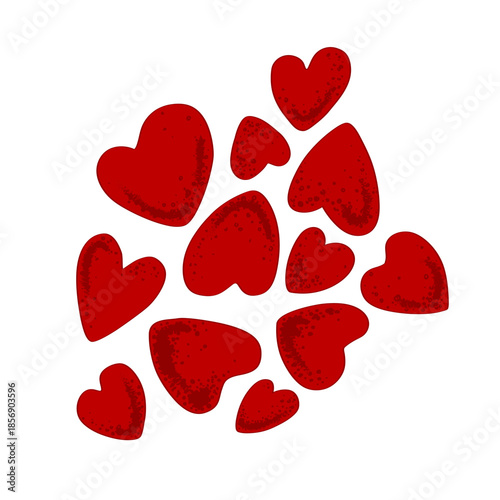 Cloud of red Valentine hearts on white background. Vector isolated illustration.