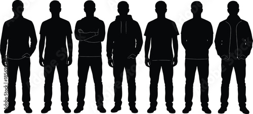 Male silhouettes standing in row, diverse casual outfits, anonymous men figures, fashion pose collection, black human silhouettes illustration
