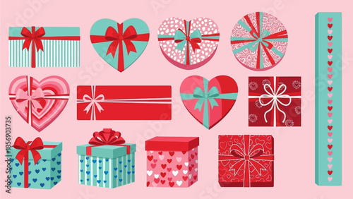 Collection of gift boxes and hearts with ribbons on a soft pink background