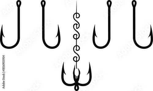 Black fishing hook icon set vector isolated on white background with treble hook and barbed hooks for angling equipment design.